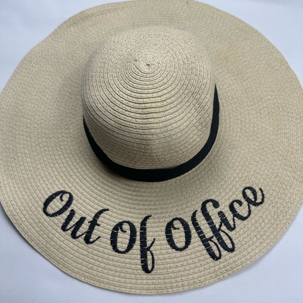Floppy beach hat “Out of Office” wide brim woven hat. One size fits most.
